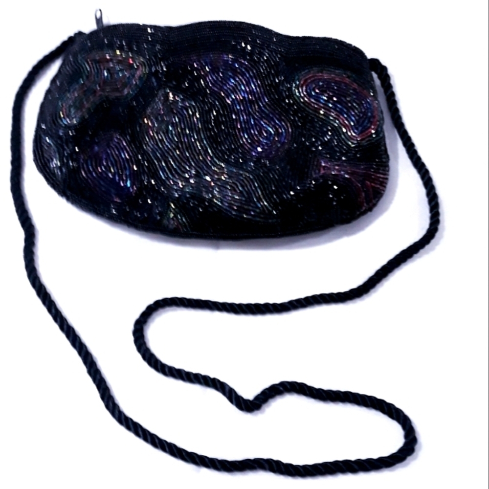 Vintage Black Fully Beaded Women's Small Shoulder Bag Zippered Pocket Night Bag
